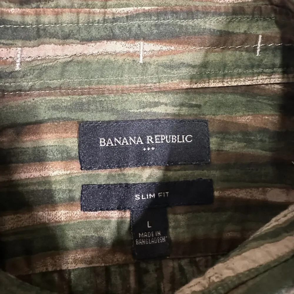 Banana Republic Button-Down Short Sleeve Shirt Mens Green Striped Slim Fit Large